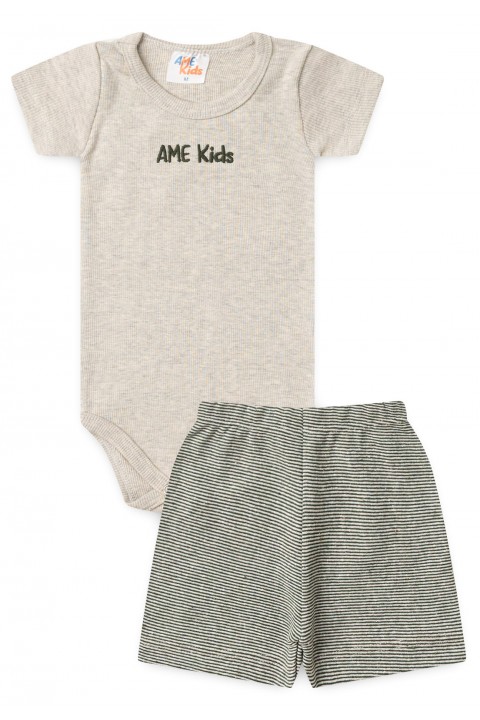 Conjunto Body Canelado e Short Sustentável - Bege e Verde - Ame Kids