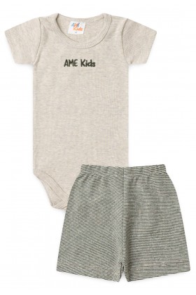 Conjunto Body Canelado e Short Sustentável - Bege e Verde - Ame Kids