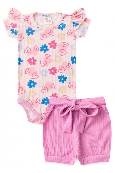 Conjunto Body Canelado Curto Menina - Corações - Ame Kids