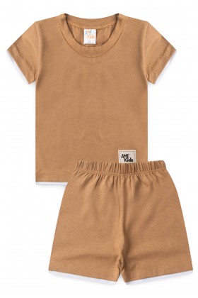 Conjunto de Blusa e Shorts Meia Malha Menino - Avelã - Ame Kids
