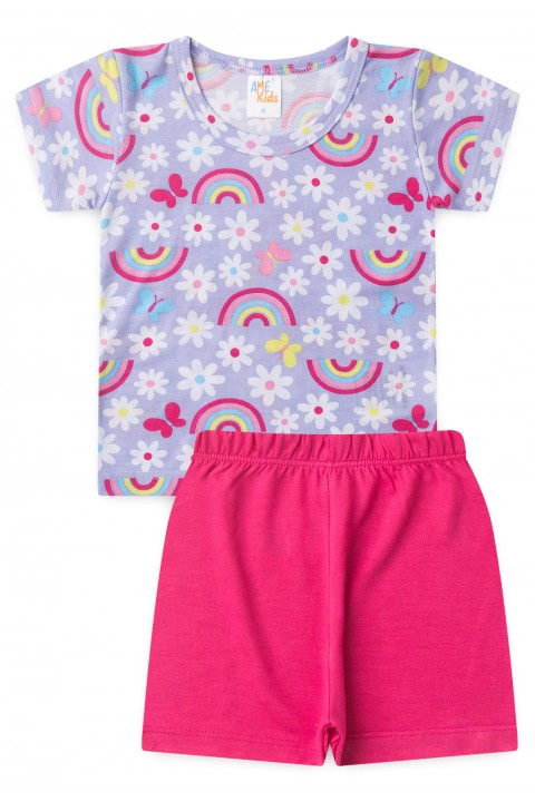 Conjunto Pijama Blusa e Shorts - Flores Lilás - Ame Kids