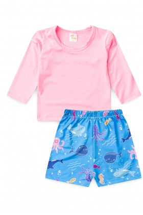 Conjunto Blusa e Short Infantil Proteção Uv - Rosa Neon - Ame Kids