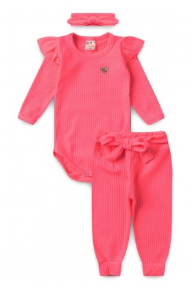 Conjunto Body Canelado Menina - Pink - Ame Kids