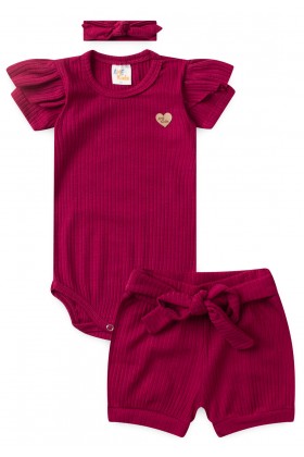 Conjunto Body Canelado Curto Menina - Bordô - Ame Kids