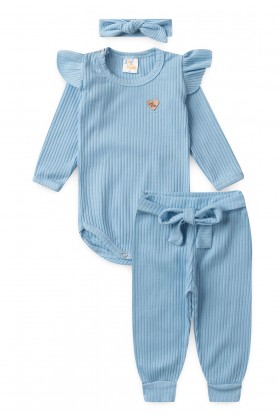 Conjunto Body Canelado Menina - Azul Bebê - Ame Kids