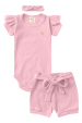 Conjunto Body Canelado Curto Menina - Rosa Bebê - Ame Kids