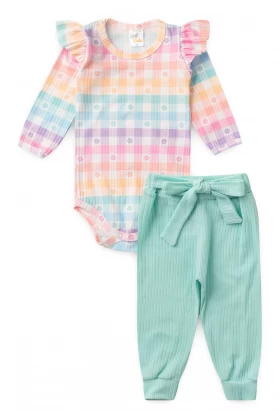 Conjunto Body Canelado Menina - Xadrez Tie Dye - Ame Kids