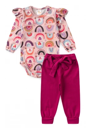 Conjunto Body Canelado Menina - Arco íris - Ame Kids