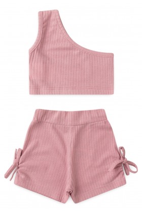 Conjunto Cropped Canelado Curto Menina - Rosa Bebê - Ame Kids