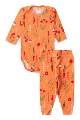 Conjunto Canelado Light Longo - Floral Laranja - Ame Kids