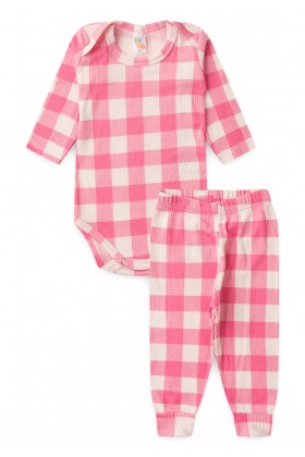 Conjunto Canelado Light Longo - Xadrez Rosa - Ame Kids