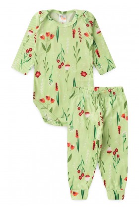 Conjunto Canelado Light Longo - Floral Verde - Ame Kids