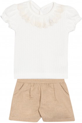 Conjunto Blusa Tricot e Shorts Linho - Off-White - Randa Mundu