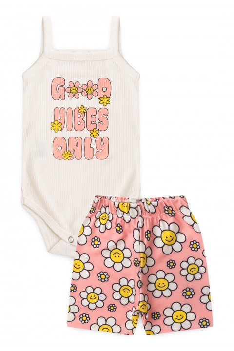Conjunto Body Alcinha Canelado Menina - Margaridas Rosa Bebê - Ame Kids