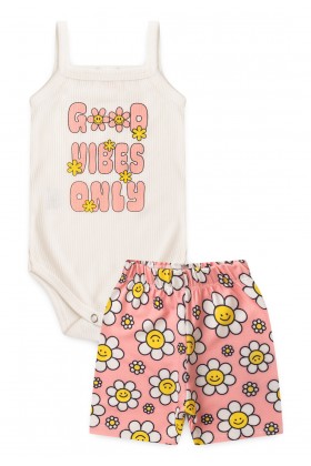 Conjunto Body Alcinha Canelado Menina - Margaridas Rosa Bebê - Ame Kids