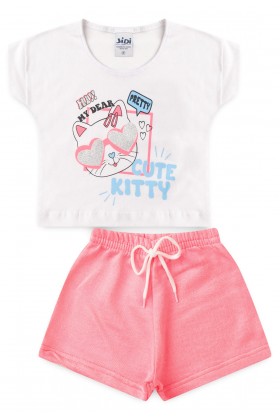 Conjunto Blusa e Shorts Menina  - Cat Branco - Jidi