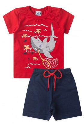 Conjunto Regata e Shorts Menino - Shark Vermelho - Jidi