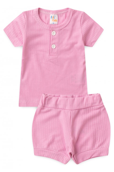 Conjunto Blusa com Botões e Shorts Canelado Menina - Rosa Bebê - Ame Kids