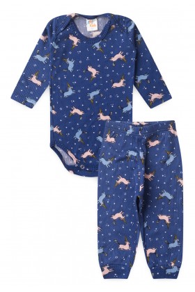 Conjunto Canelado Light Longo - Unicorn Azul Marinho - Ame Kids