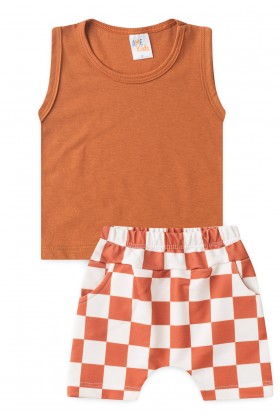 Conjunto Regata e Shorts Menino - Xadrez Avelã - Ame Kids