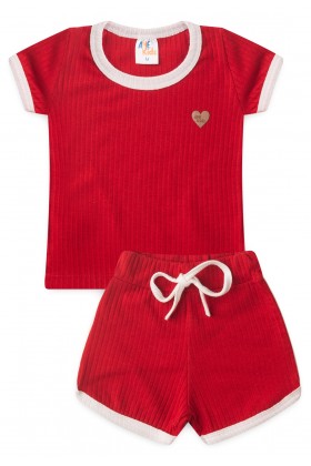 Conjunto Blusa Shorts Canelado Menina - Vermelho - Ame Kids