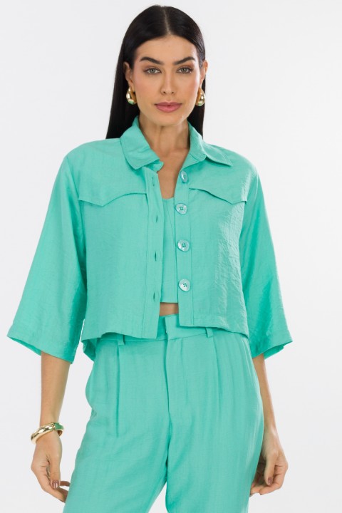 Camisa Cropped de Alfaiataria Feminina Katy - Verde Aquatic Green - Tlic Rio