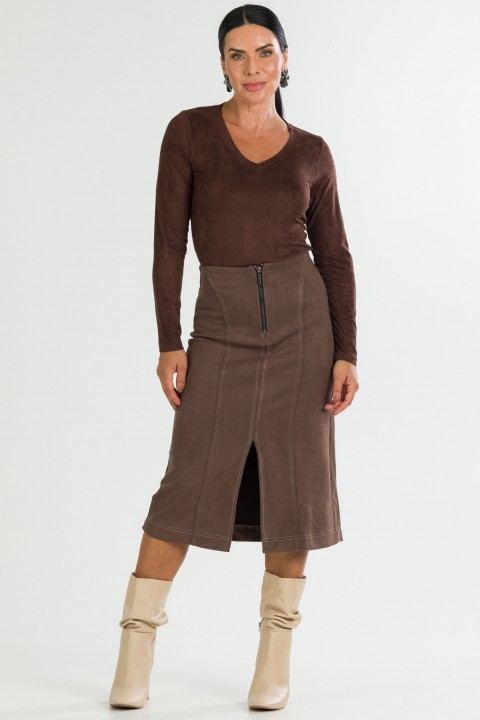 Saia Midi com Pesponto de Alfaiataria Feminina Helen - Chocolate - Tlic Rio
