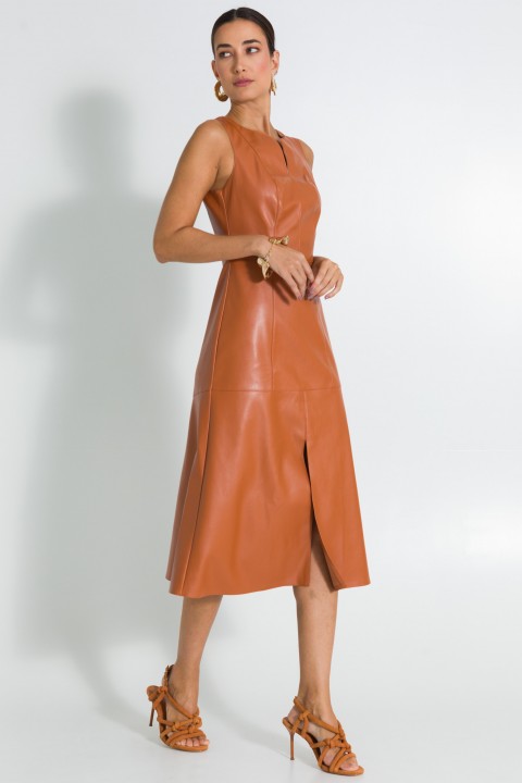Vestido Midi com Recortes Frontais de Alfaiataria Feminina Marini - Mocaccino - Tlic Rio