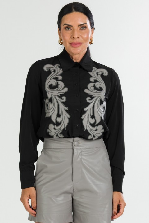 Camisa Tradicional com Bordado Frontal de Alfaiataria Feminina Tuane  - Preto - Tlic Rio