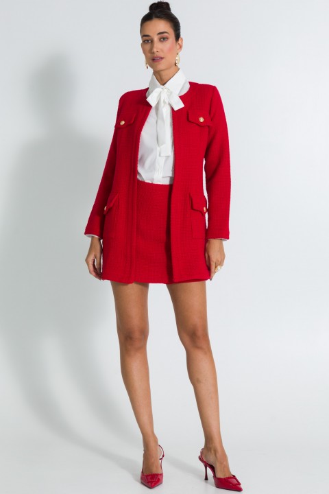 Casaco Alongado de Tweed Elegante de Alfaiataria Feminina Paris - Vermelho - Tlic Rio