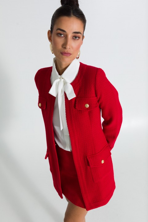 Casaco Alongado de Tweed Elegante de Alfaiataria Feminina Paris - Vermelho - Tlic Rio