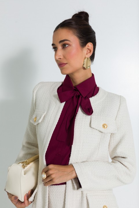 Casaco Alongado de Tweed Elegante de Alfaiataria Feminina Paris - Off White - Tlic Rio