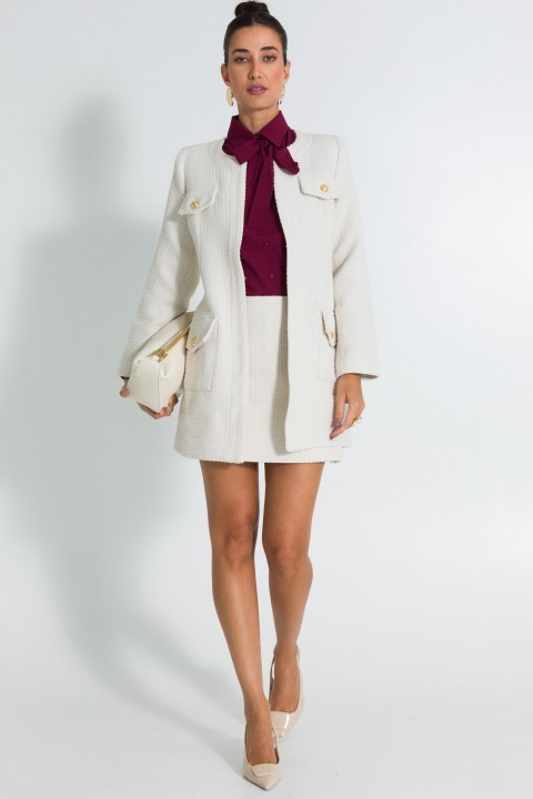 Casaco Alongado de Tweed Elegante de Alfaiataria Feminina Paris - Off White - Tlic Rio