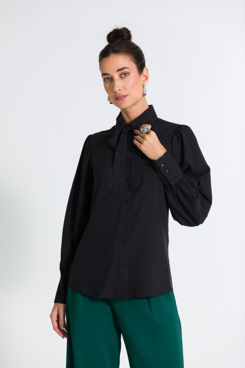 Camisa Tradicional com Laço na Gola de Alfaiataria Feminina Selma  - Preto - Tlic Rio