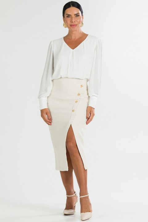 Blusa Manga Longa Gola V com Detalhe na Manga de Alfaiataria Feminina Natalia - Off White- Tlic Rio