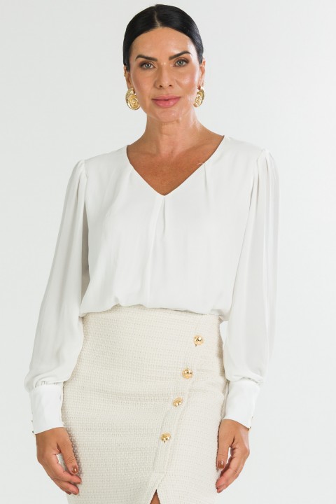 Blusa Manga Longa Gola V com Detalhe na Manga de Alfaiataria Feminina Natalia - Off White- Tlic Rio