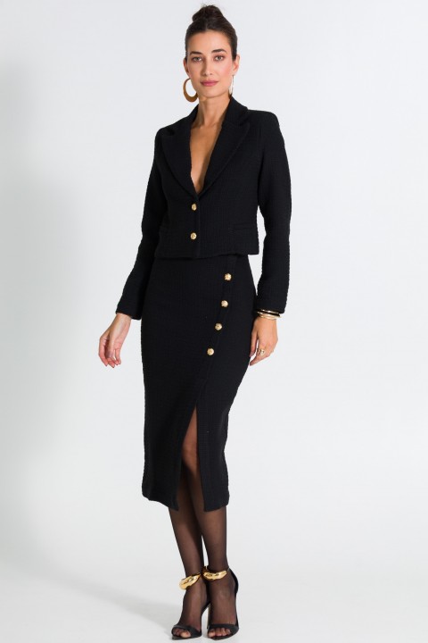 Saia Midi de Tweed com Fenda de Alfaiataria Feminina Thalia - Preto - Tlic Rio