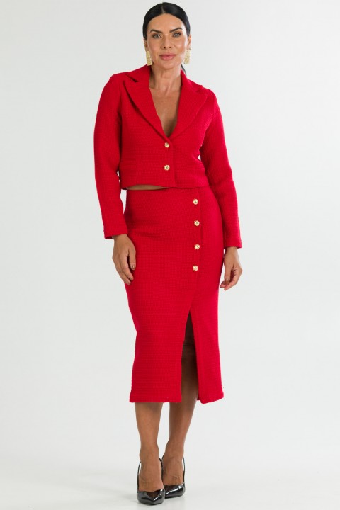 Saia Midi de Tweed com Fenda de Alfaiataria Feminina Thalia - Vermelho - Tlic Rio