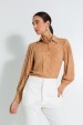 Camisa Texturizada com Mangas Bufantes de Alfaiataria Feminina Isabeli  - Bege - Tlic Rio