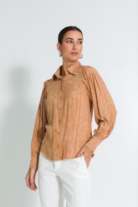 Camisa Texturizada com Mangas Bufantes de Alfaiataria Feminina Isabeli  - Bege - Tlic Rio