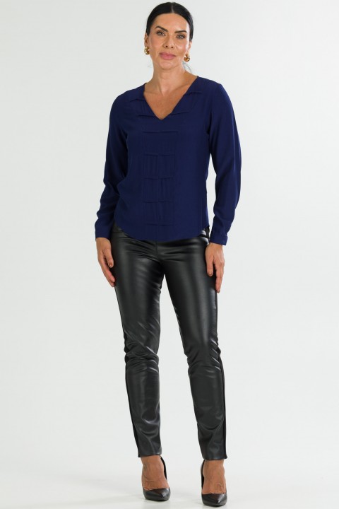 Blusa Manga Longa Gola V com Detalhe  Frontal de Alfaiataria Feminina Nubia - Azul - Tlic Rio