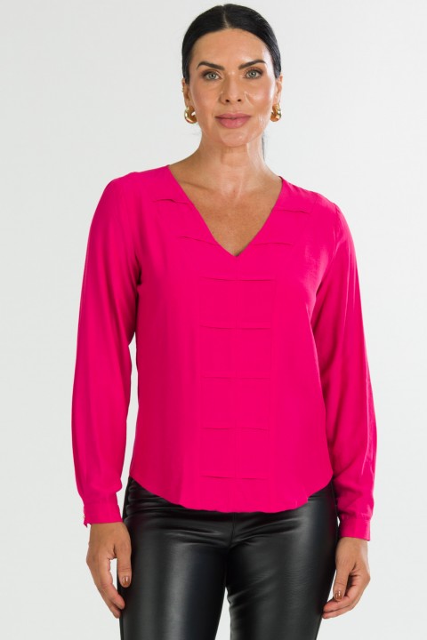 Blusa Manga Longa Gola V com Detalhe  Frontal de Alfaiataria Feminina Nubia - Pink  - Tlic Rio