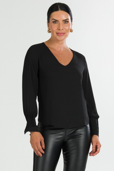 Blusa Manga Longa Gola V com Detalhes No Punho de Alfaiataria Feminina Rosalinda- Preto- Tlic Rio