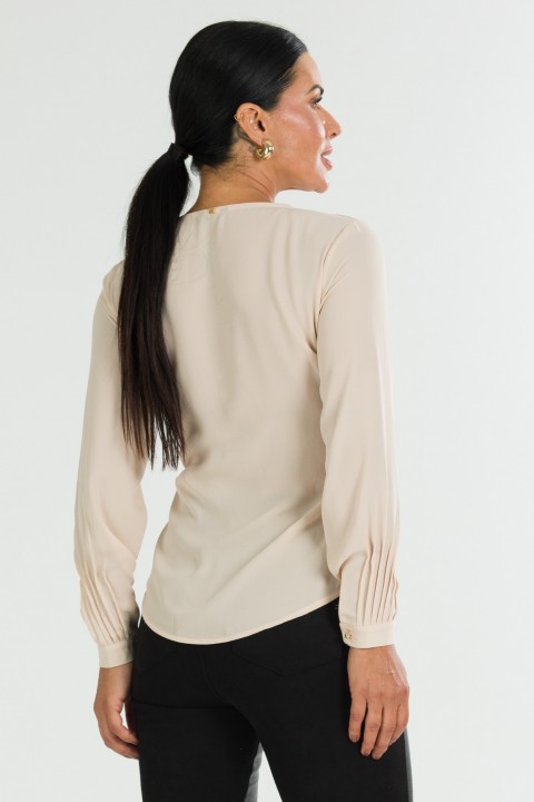Blusa Manga Longa Gola V com Detalhes No Punho de Alfaiataria Feminina Rosalinda- Bege- Tlic Rio