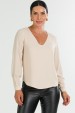Blusa Manga Longa Gola V com Detalhes No Punho de Alfaiataria Feminina Rosalinda- Bege- Tlic Rio