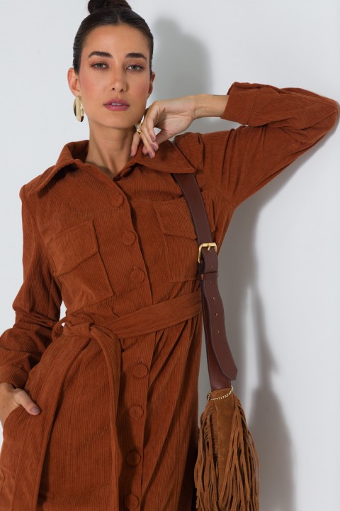 Vestido Midi Texturizado de Alfaiataria Feminina Lya - Marrom - Tlic Rio