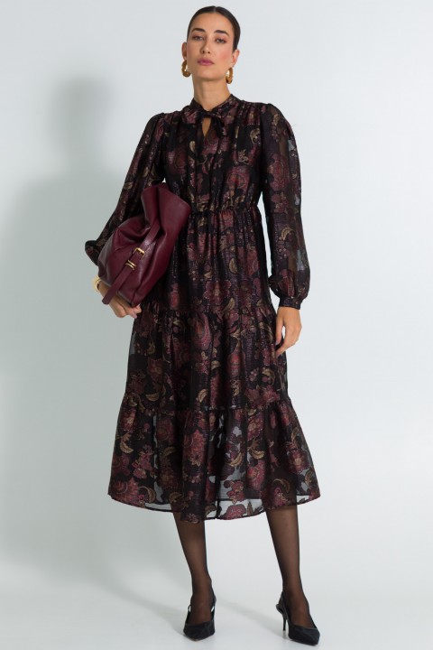 Vestido Midi Manga Longa Estampado com Laço na Gola de Alfaiataria Feminina - Jet Black - Tlic Rio