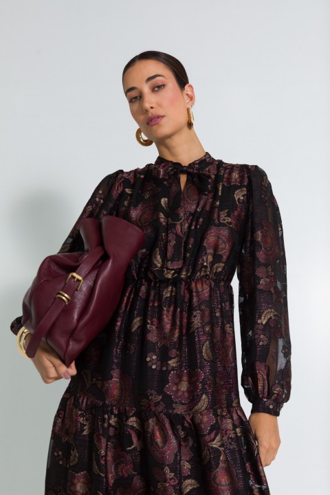 Vestido Midi Manga Longa Estampado com Laço na Gola de Alfaiataria Feminina - Jet Black - Tlic Rio