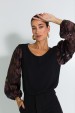 Blusa Manga Longa com Dois Tecidos de Alfaiataria Feminina Anete - Jet Black- Tlic Rio