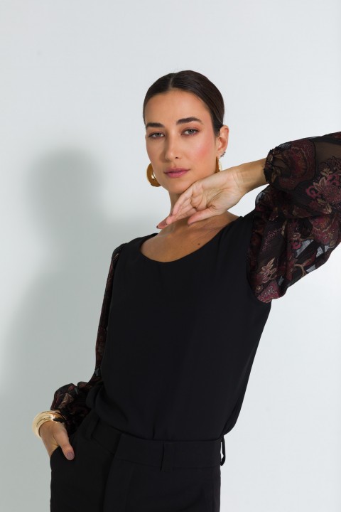 Blusa Manga Longa com Dois Tecidos de Alfaiataria Feminina Anete - Jet Black- Tlic Rio